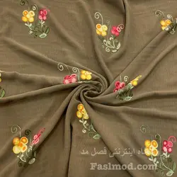 پارچه مانتویی ابرو بادی سوزن دوزی طرح گل - رنگ قهوه ای