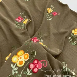 پارچه مانتویی ابرو بادی سوزن دوزی طرح گل - رنگ قهوه ای