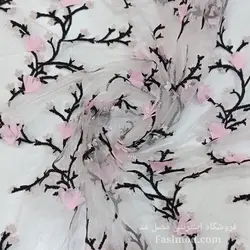 پارچه تور شکوفه برجسته - رنگ صورتی