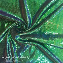 پارچه پولک هولوگرامی پشت ساتن _رنگ سبز هفت رنگ