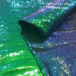 پارچه پولک هولوگرامی پشت ساتن _رنگ سبز هفت رنگ