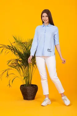 شومیز پولکی گلدوزی طرح فلامینگو آبی