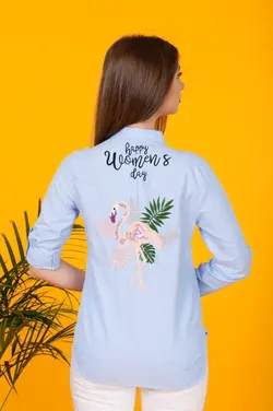 شومیز پولکی گلدوزی طرح فلامینگو آبی