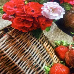 تابلو فرش سبد گل و توت فرنگی | تابلو فرش گل و گلدان
