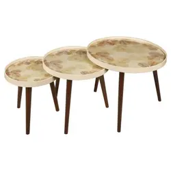 میز عسلی سه تیکه مدل آلما طرح برگ های پاییزی کرم