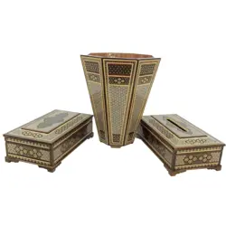 ست جعبه دستمال کاغذی، جعبه قاشق چنگالی و سطل خاتم کاری کلبه ای
