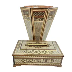 ست جعبه دستمال کاغذی، جعبه قاشق چنگالی و سطل خاتم کاری کلبه ای