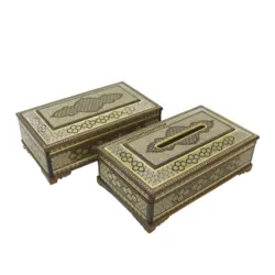 ست جعبه دستمال کاغذی، جعبه قاشق چنگالی و سطل خاتم کاری کلبه ای