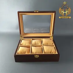 جعبه ساعت لوکس کلکسیونی چوبی 6تایی box6107 (قهوه ای داخل کرم)