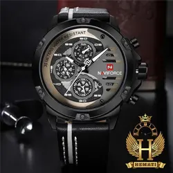 ساعت مردانه نیوی فورس Naviforce NF9110M بند چرم (مشکی-سفید)