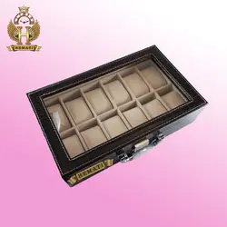 جعبه ساعت چوبی روکش چرم قهوه ای 12 تایی کلکسیونی BOX1201