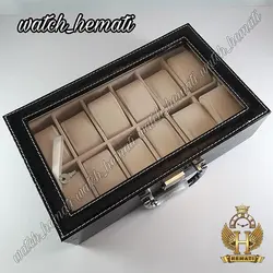 جعبه ساعت چوبی روکش چرم قهوه ای 12 تایی کلکسیونی BOX1201