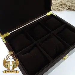 جعبه ساعت لوکس کلکسیونی چوبی 6تایی درب چوبی box6201 قهوه ای