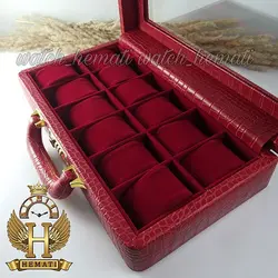 جعبه ساعت چوبی روکش چرم قرمز 12 تایی کلکسیونی BOX1203