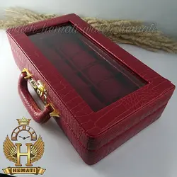 جعبه ساعت چوبی روکش چرم قرمز 12 تایی کلکسیونی BOX1203
