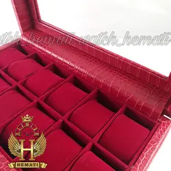 جعبه ساعت چوبی روکش چرم قرمز 12 تایی کلکسیونی BOX1203