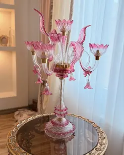 شمعدان پنج شاخه مورانو صورتی طرح ایتالیا - مرجع تخصصي فروش اجناس قدیمی، عتیقه جات، لوازم لوكس و آنتیک اروپایی