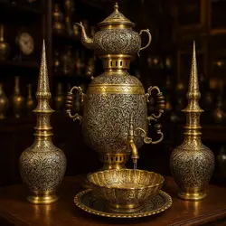 مجموعه سماور زغالی5لیتری ،تنگ نیزه ای وسرویس کامل - مرجع تخصصي فروش اجناس قدیمی، عتیقه جات، لوازم لوكس و آنتیک اروپایی