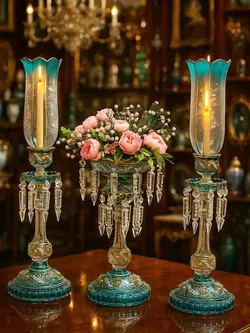 ست لاله شمعدان ولاستر چشم بلبلی فیروزه ای طرح باکارات فرانسه - مرجع تخصصي فروش اجناس قدیمی، عتیقه جات، لوازم لوكس و آنتیک اروپایی