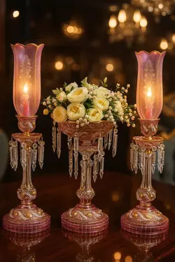 ست لاله شمعدان ولاسترچشم بلبلی صورتی طرح باکارات فرانسه - مرجع تخصصي فروش اجناس قدیمی، عتیقه جات، لوازم لوكس و آنتیک اروپایی