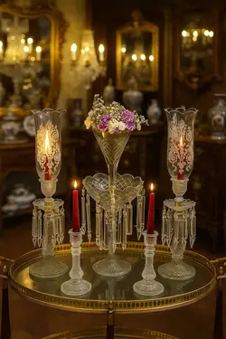 ست کامل لاله، لاستر و شمعدان طرح باکارات فرانسه مدل پایه میخی - مرجع تخصصي فروش اجناس قدیمی، عتیقه جات، لوازم لوكس و آنتیک اروپایی