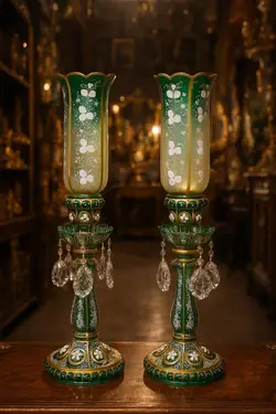 شمعدان پایه چشم گاوی سبز - مرجع تخصصي فروش اجناس قدیمی، عتیقه جات، لوازم لوكس و آنتیک اروپایی