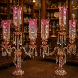 شمعدان سه شاخه صورتی مدل پایه چشم گاوی طرح باکارات فرانسه - مرجع تخصصي فروش اجناس قدیمی، عتیقه جات، لوازم لوكس و آنتیک اروپایی