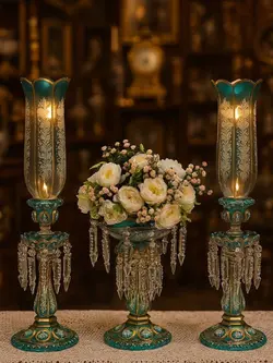 ⁨ شمعدان و لاله لاستر فیروزه‌ای طرح باکارات فرانسه مدل چشم گاوی - مرجع تخصصي فروش اجناس قدیمی، عتیقه جات، لوازم لوكس و آنتیک اروپایی