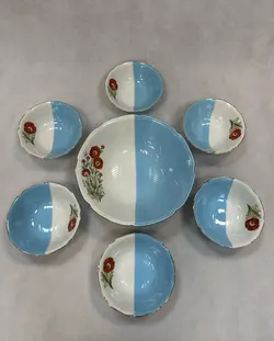 هفت پارچه آجیل خوری / انار خوری دورنگ ژاپنی قدیمی قطر پیاله ۱۳ ‌کاسه ۲۰ سانت رنگ کم یاب و فوق العاده زیبا