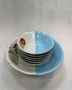 هفت پارچه آجیل خوری / انار خوری دورنگ ژاپنی قدیمی قطر پیاله ۱۳ ‌کاسه ۲۰ سانت رنگ کم یاب و فوق العاده زیبا