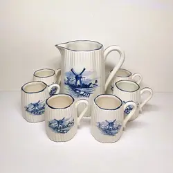 پارچ و لیوان سرامیکی قلم آبی کاملا سالم فوق العاده زیبا و قدیمی ساخت ژاپن ارتفاع پارچ ۲۱