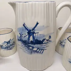 پارچ و لیوان سرامیکی قلم آبی کاملا سالم فوق العاده زیبا و قدیمی ساخت ژاپن ارتفاع پارچ ۲۱