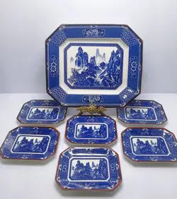 ۷ پارچه کیک خوری قلم آبی کاملا سالم فوق العاده زیبا و قدیمی ساخت ژاپن قطر ۱۶ و ۲۸