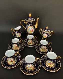 سرویس قهوه خوری سه دختر قدیمی طرح لموژ کستل مدل کم یاب تمام طلاکوب کاملا سالم و نو