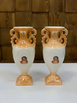 گلدان قصاعی قدیمی دوطرف عکس دار ارتفاع ۲۵ سانت