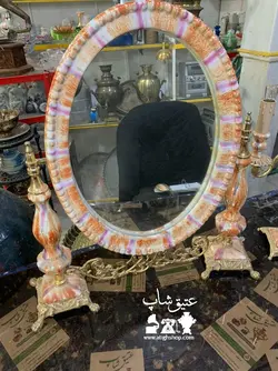 آینه و شمعدان قدیمی بدنه چینی و برنز فوق العاده زیبا