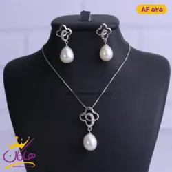 نیم ست نقره زنانه طرح گل و آویز مروارید