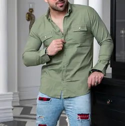 پیراهن مردانه کتان دوجیب رنگ سبز کم رنگ