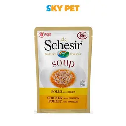 پوچ گربه بالغ حاوی سوپ مرغ و کدو حلوایی برند Schesir (شسیر) وزن 85 گرم