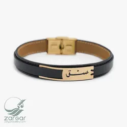 دستبند چرم پلاک طلا عشق طرح آمور