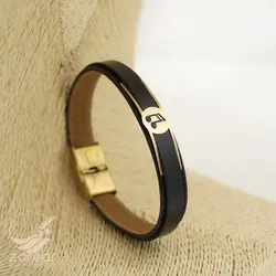 دستبند چرم پلاک طلا طرح دولا چنگ