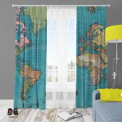 پرده طرح نقشه جهان سبز آبی