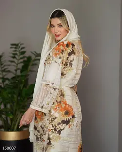 مانتو بلند مدل گلشید جنس پارچه حریر طرح دار جلو کنف دوزی 656