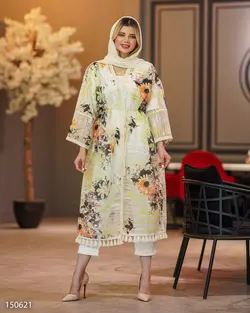 مانتو بلند مدل گلشید جنس پارچه حریر طرح دار جلو کنف دوزی 656