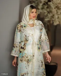 مانتو بلند مدل گلشید جنس پارچه حریر طرح دار جلو کنف دوزی 656