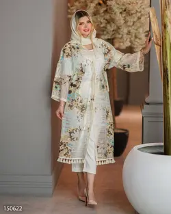 مانتو بلند مدل گلشید جنس پارچه حریر طرح دار جلو کنف دوزی 656