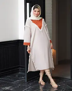 کفتان مدل آلیسا جنس پارچه لیننت مدل یقه گرد منگوله دار خرجکار هندی  کد 675