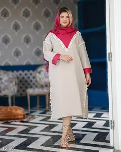 کفتان مدل آلیسا جنس پارچه لیننت مدل یقه گرد منگوله دار خرجکار هندی  کد 675