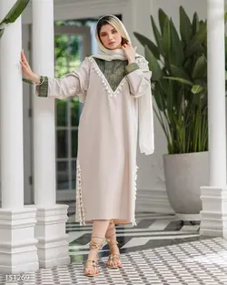 کفتان مدل آلیسا جنس پارچه لیننت مدل یقه گرد منگوله دار خرجکار هندی  کد 675