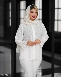 مانتو شومیزی مدل هلما جنس پارچه وال سوزن دوزی یقه مردانه آستین کلوش کد 696